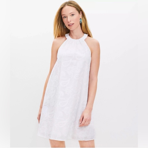 LOFT Dresses & Skirts - NWT, Loft White Embroidered Halter Swing Dress, Sz M
